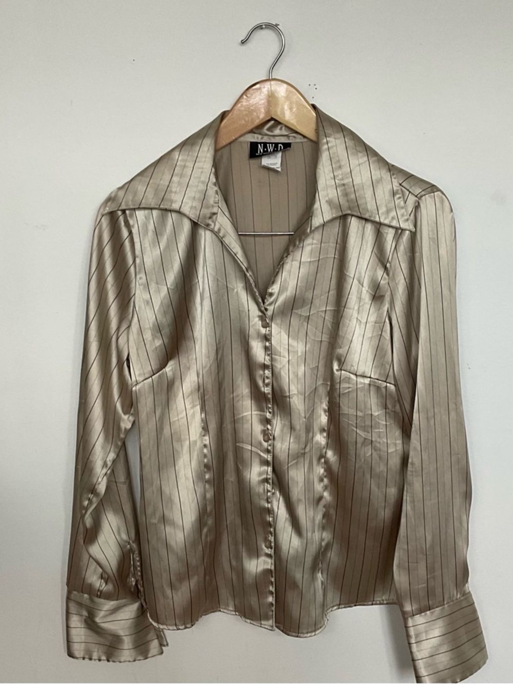 Vintage N.W.D. Satin Pinstripe Button-Up Blouse in Champagne